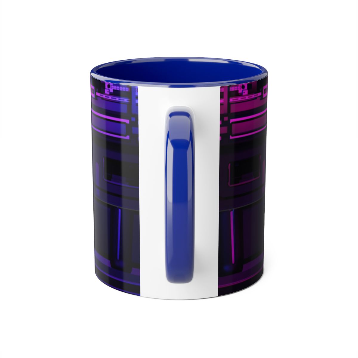 Back view of 11oz Cyberpunk Sci-Fi Accent Mug showing 3D metaverse character