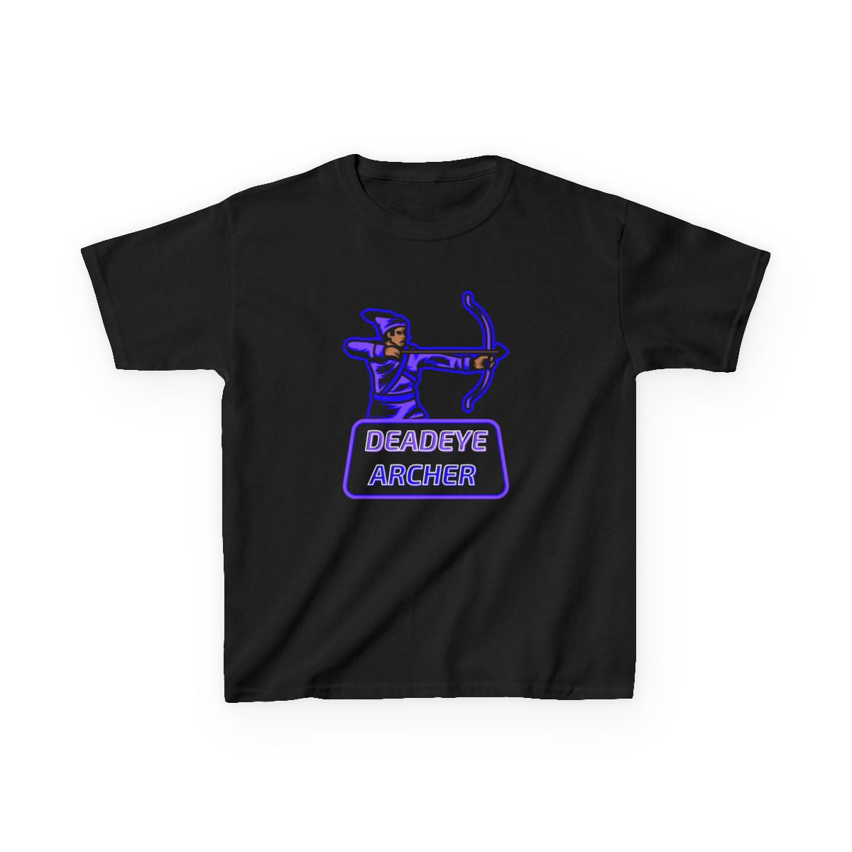 Gaming kids t-shirt featuring Deadeye Archer purple and blue design, displayed flat