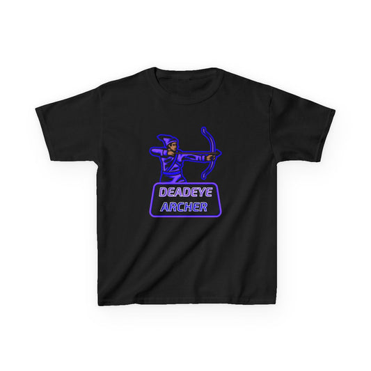 Gaming kids t-shirt featuring Deadeye Archer purple and blue design, displayed flat