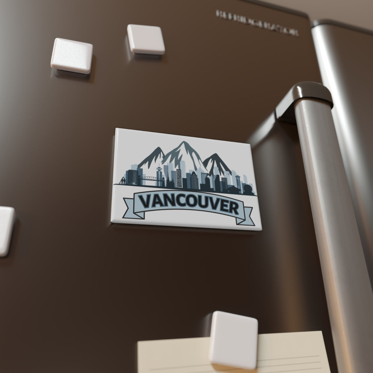 Vancouver BC Skyline Magnet on a refrigerator – Vancouver city fridge souvenir