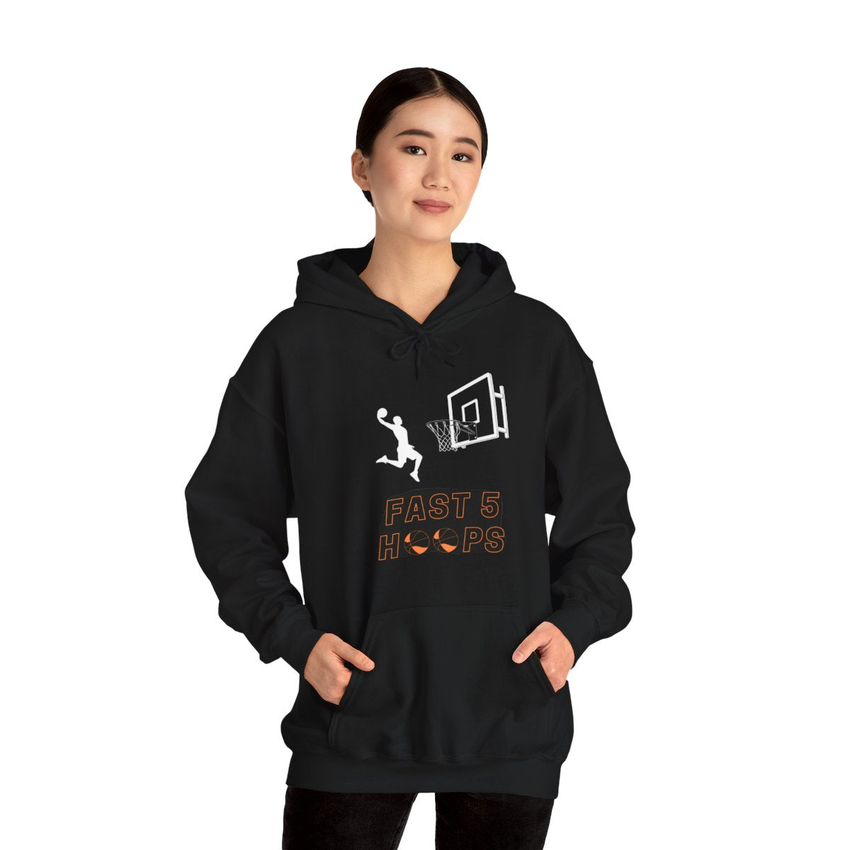 Woman wearing Fast 5 Hoops Basketball Hoodie, perfect for basketball fans