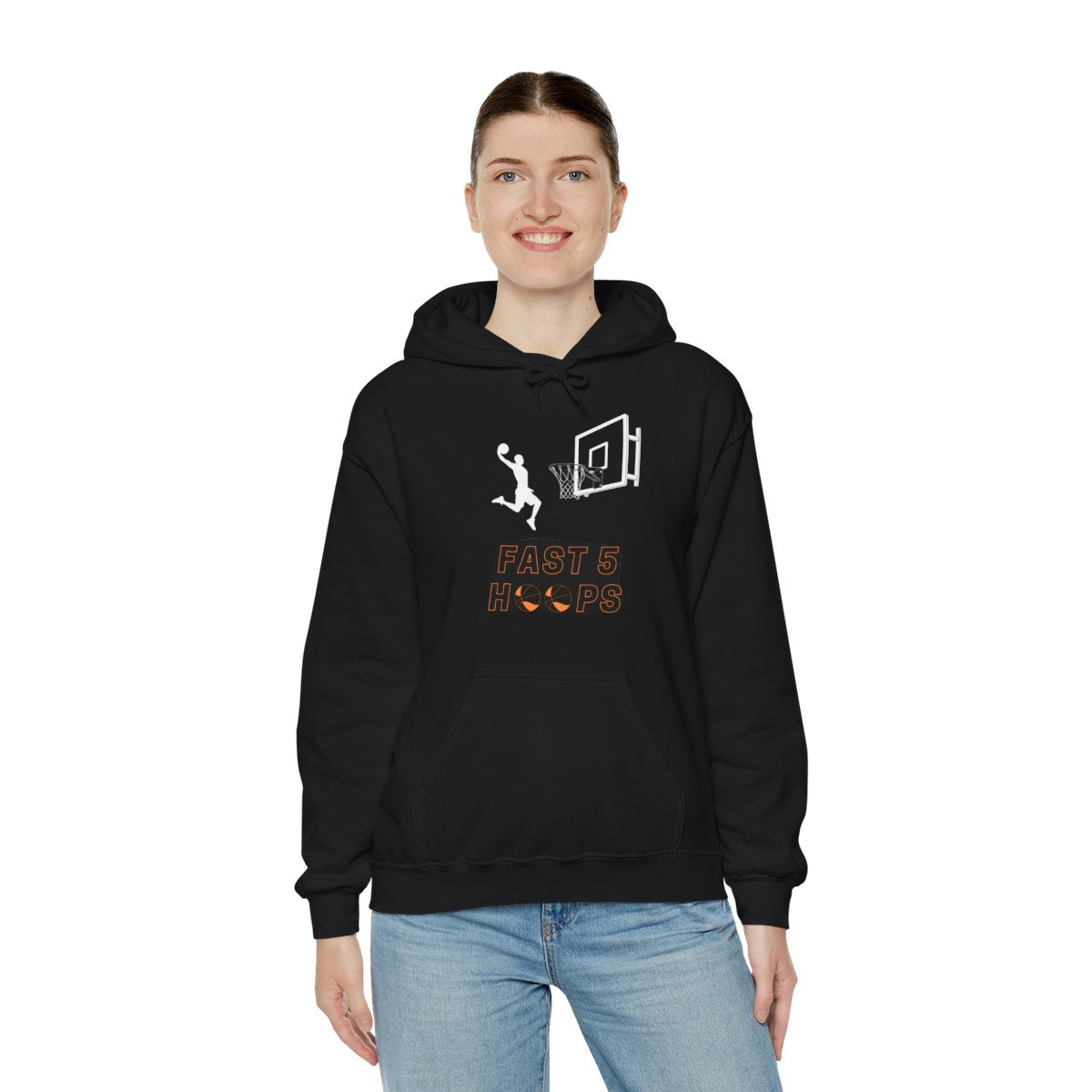 Woman wearing Fast 5 Hoops Basketball Hoodie, perfect for basketball fans