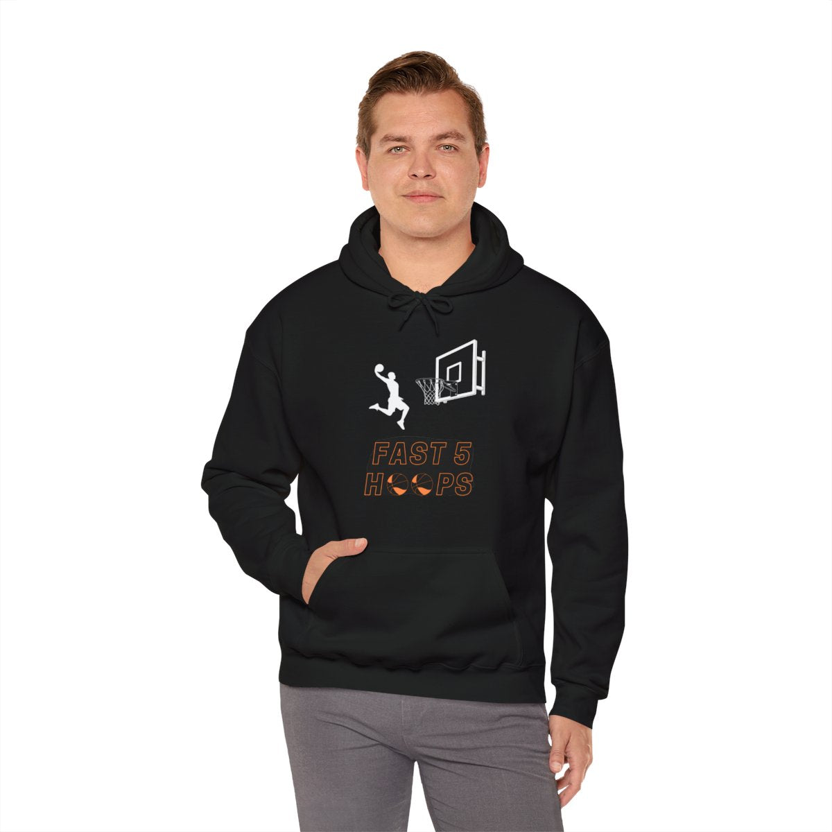 Man wearing Fast 5 Hoops Basketball Hoodie showing off sporty style