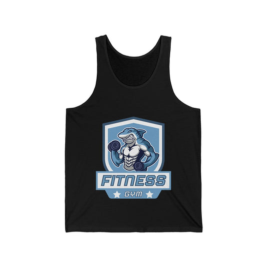 Fitness Shark Mascot unisex tank top in black showing front view with mascot logo