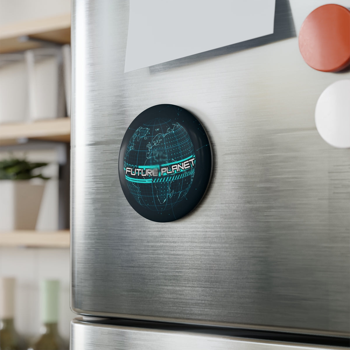 Button Magnet Futuristic Technology Globe attached to laptop