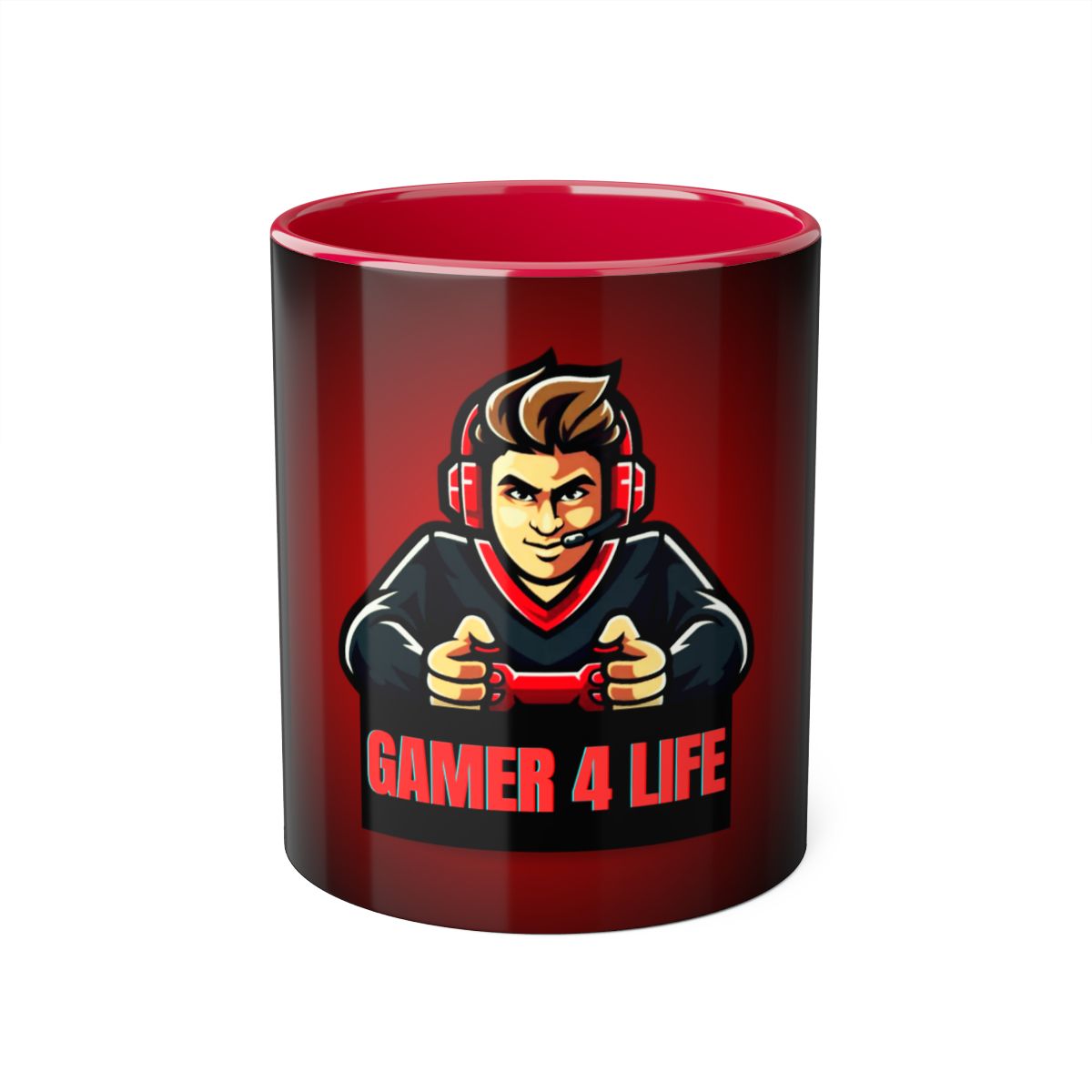Gamer 4 Life Mug front view with boy playing video games in red and black design