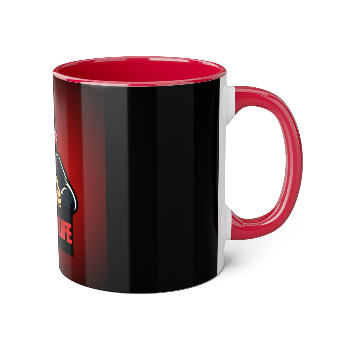 Right side of Gamer 4 Life Mug with red and black gamer artwork