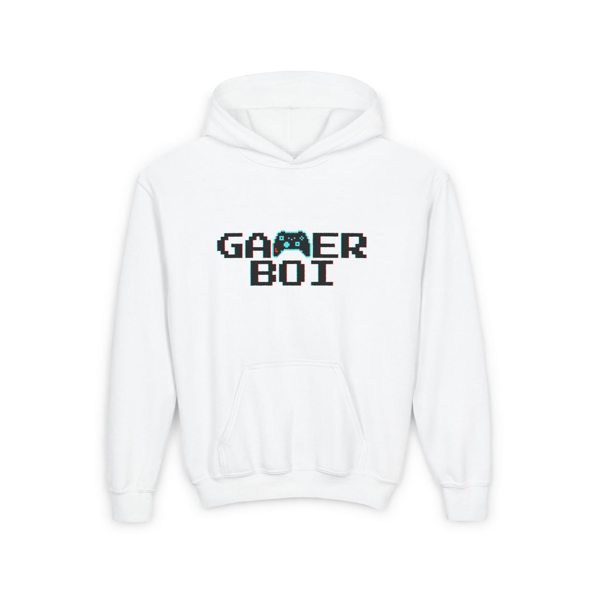 Pixelated gaming youth hoodie displayed flat, featuring Gamer Boi pixel art design for kids
