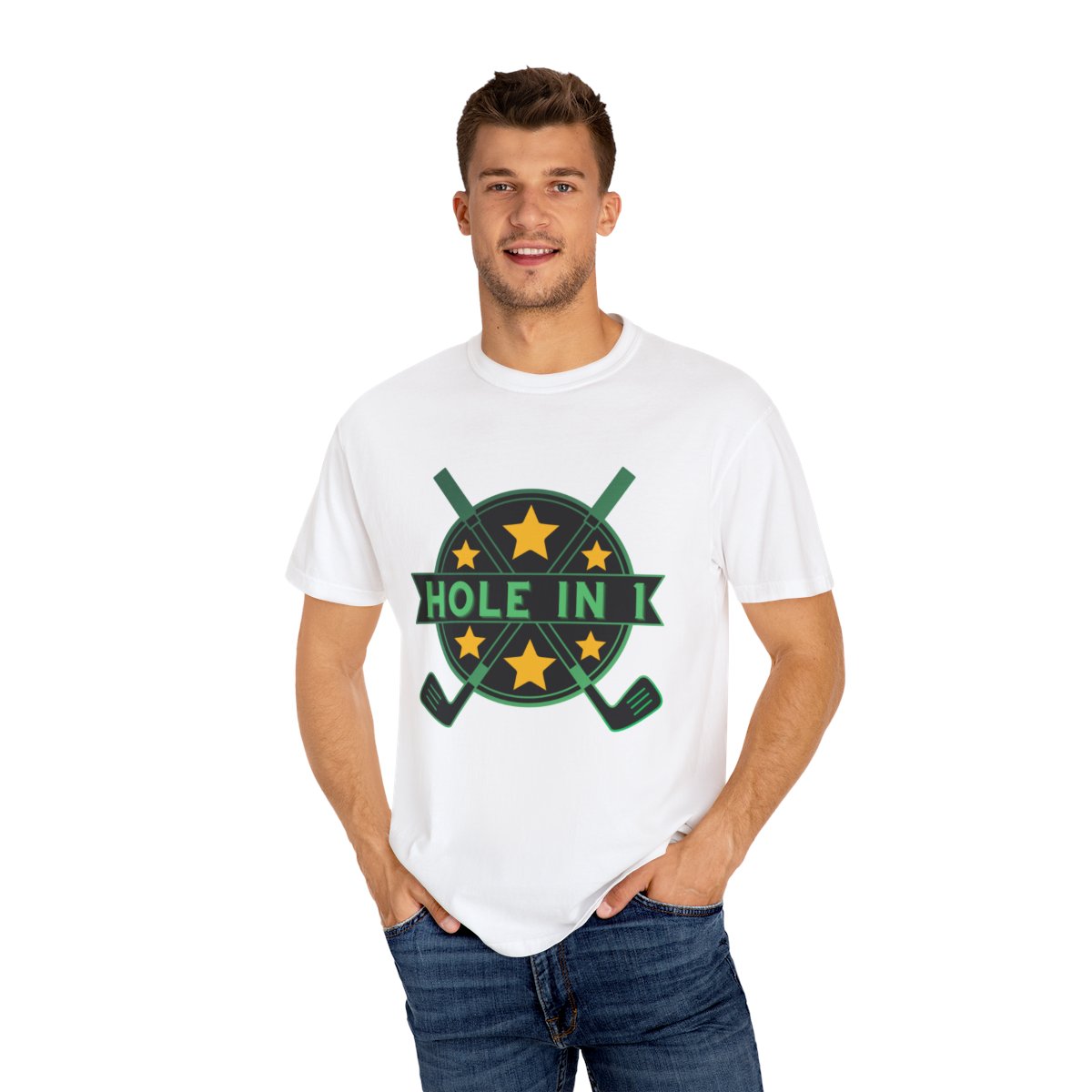 Man wearing Golf Hole in 1 T-Shirt styled casually for golf lovers