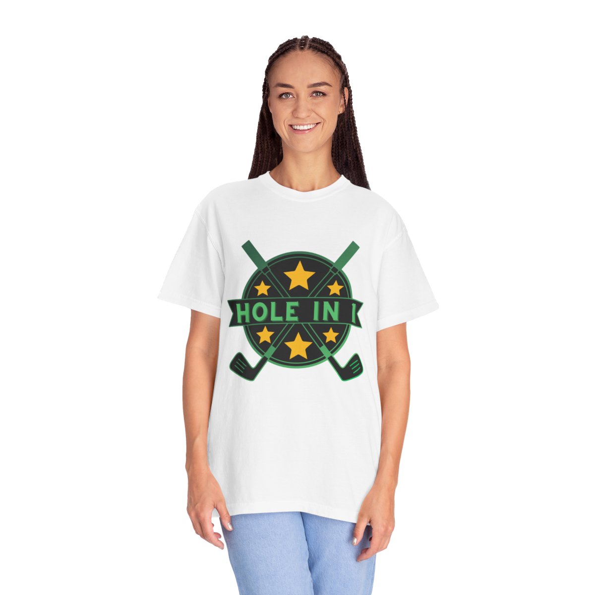 Woman wearing Golf Hole in 1 T-Shirt with relaxed unisex fit and sporty look