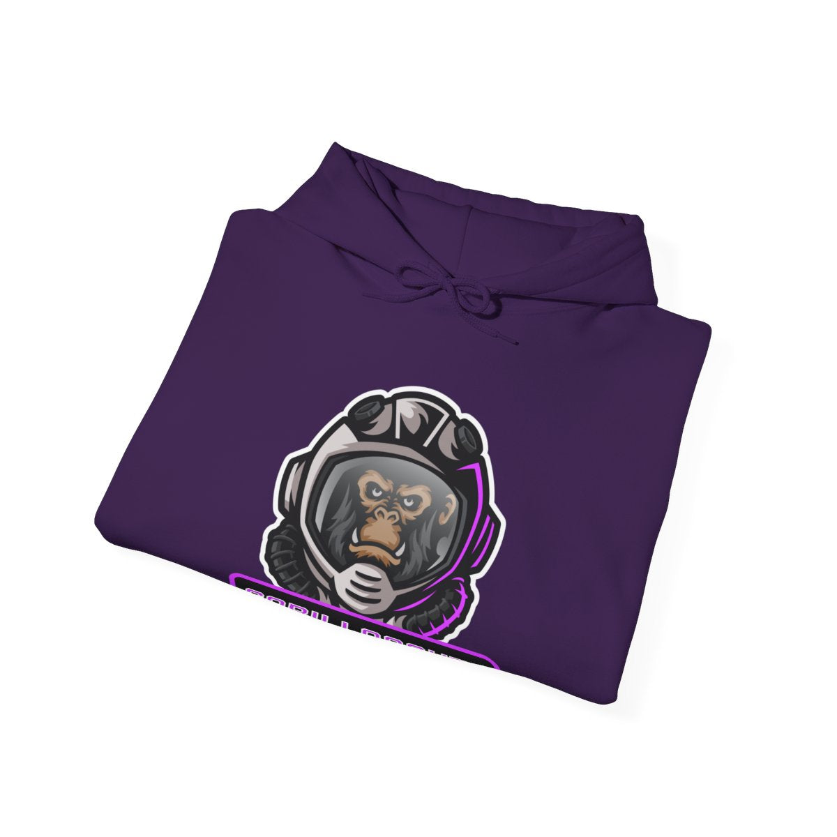 Folded gorilla astronaut gaming hoodie with front mascot print visible