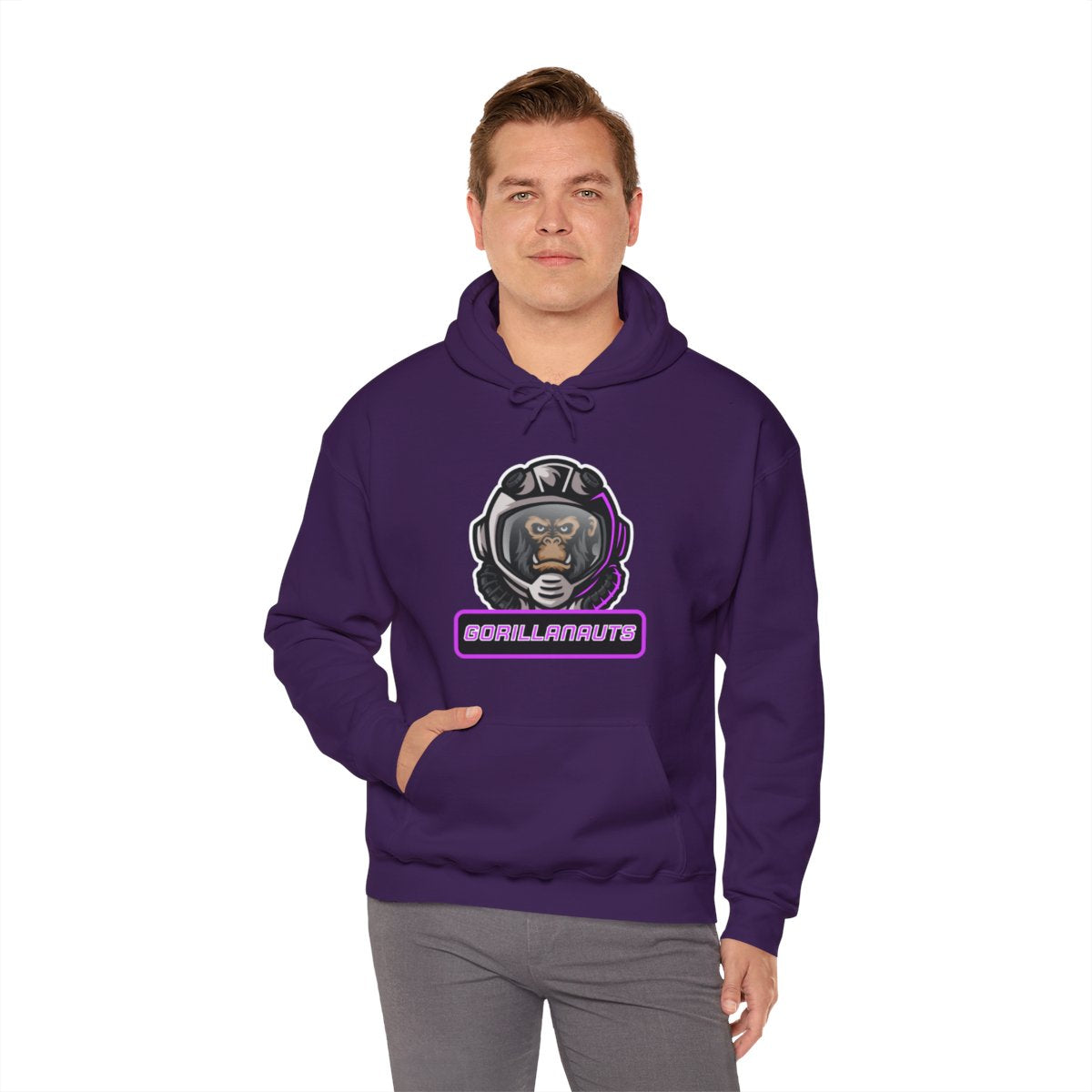 Man wearing gorilla astronaut gaming hoodie featuring esports mascot design