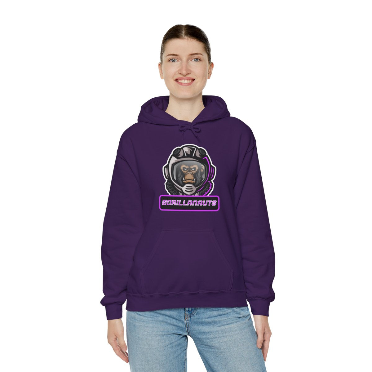 Woman wearing gorilla astronaut gaming hoodie showcasing front design