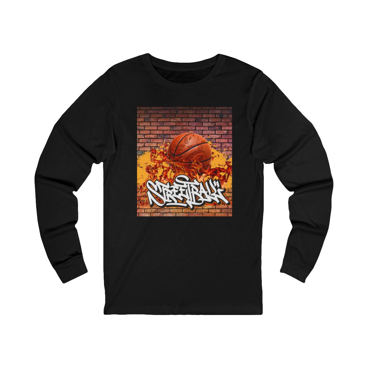 Front view of street basketball long sleeve tee with graffiti wall design