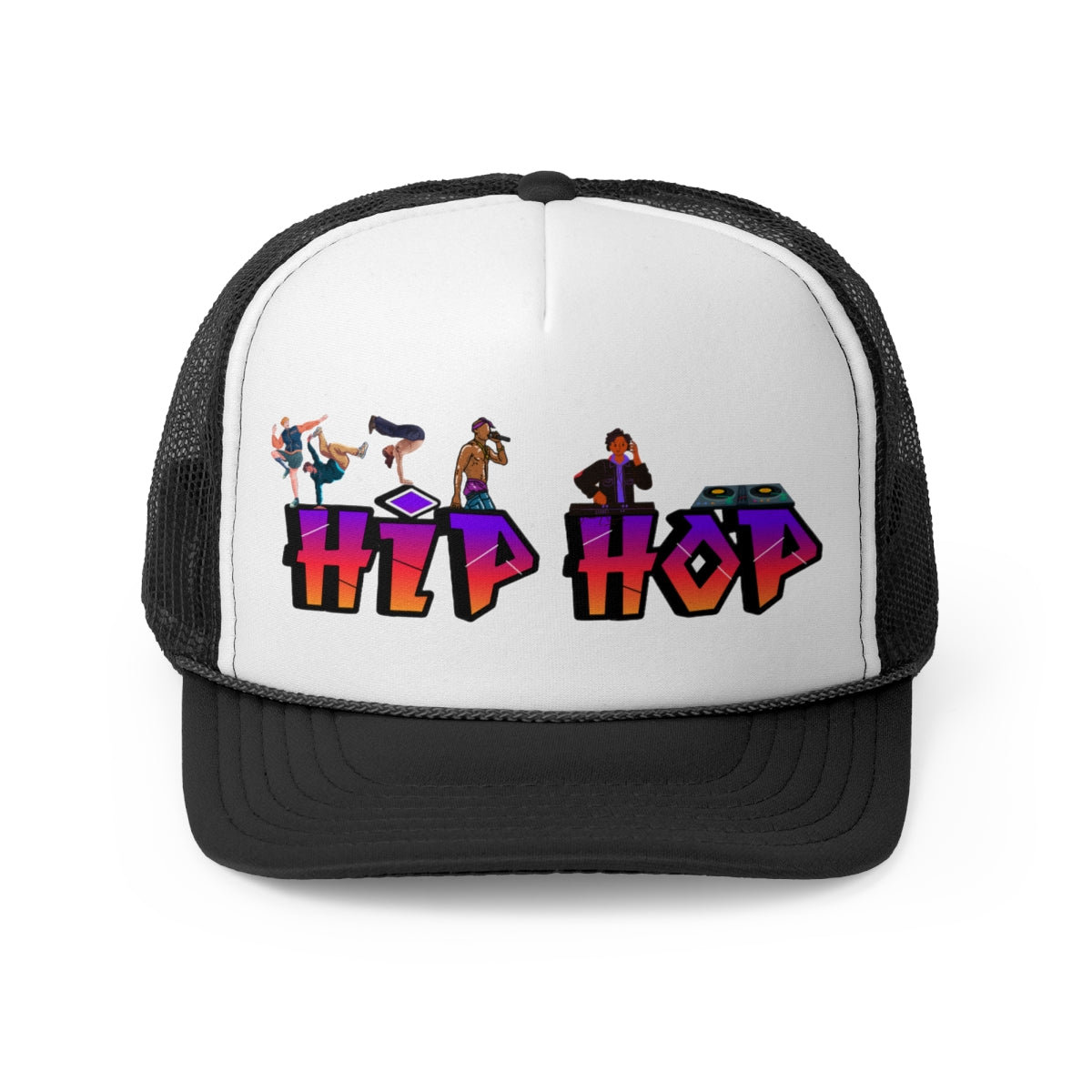 Black Hip Hop Trucker Cap with graffiti design, front view