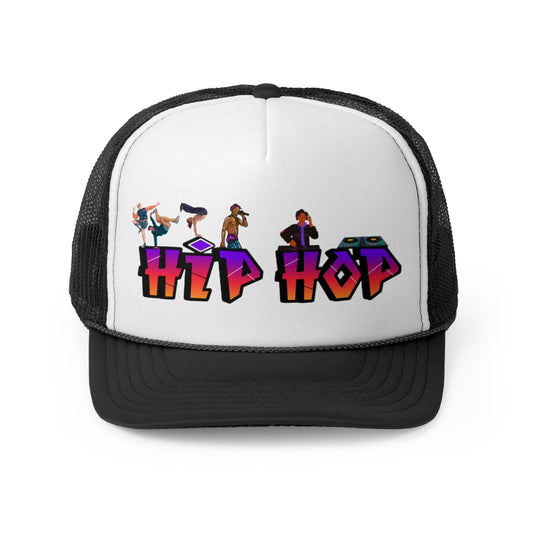 Black Hip Hop Trucker Cap with graffiti design, front view