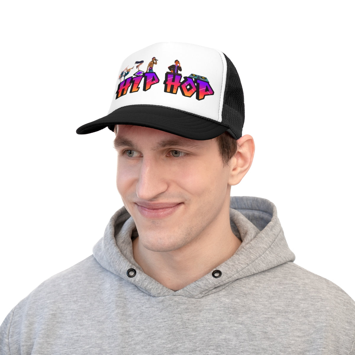 Another person modeling black Hip Hop Trucker Cap in urban streetwear outfit