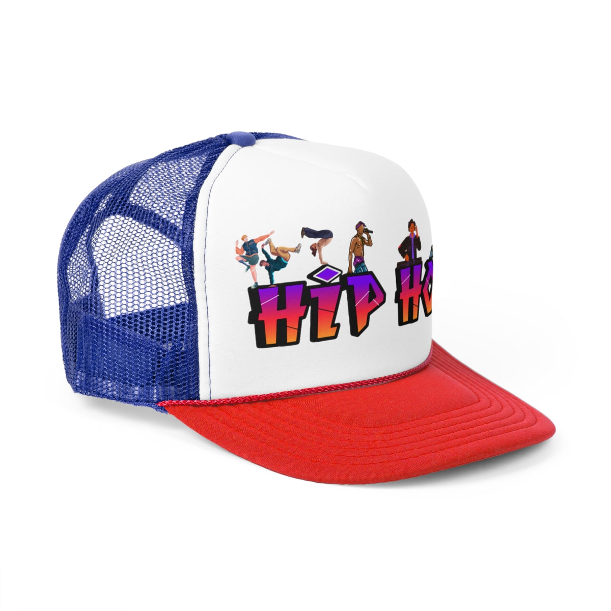 Blue/red Hip Hop Trucker Cap showing side mesh and graffiti style