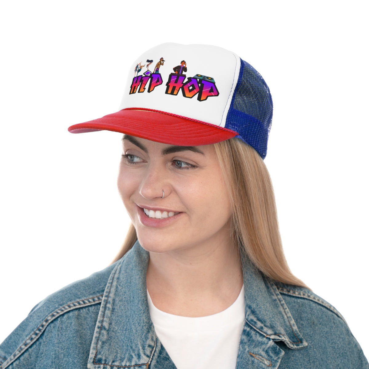 Person wearing blue/red Hip Hop Trucker Cap with graffiti design, front view