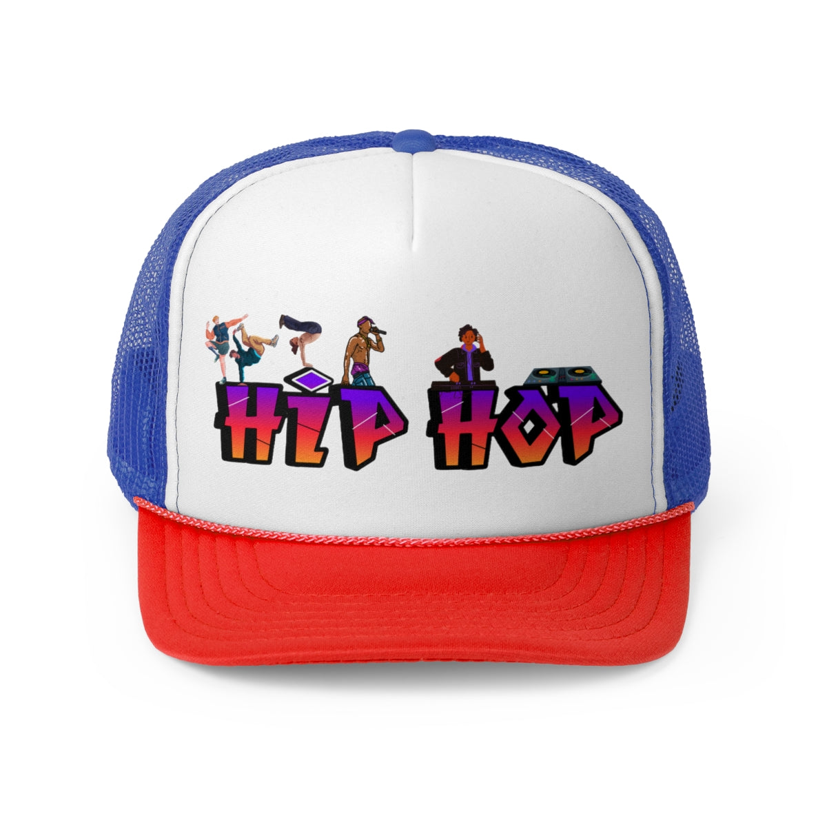 Blue and red Hip Hop Trucker Cap with graffiti design, front view