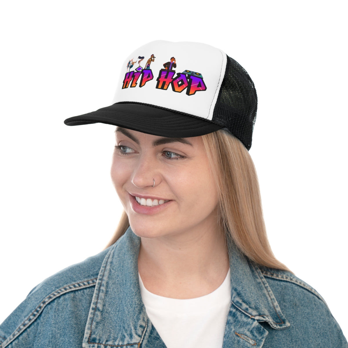 Person wearing black Hip Hop Trucker Cap with graffiti style, front view