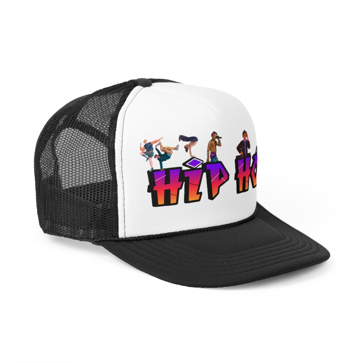 Black Hip Hop Trucker Cap with graffiti artwork, side view showing mesh panels