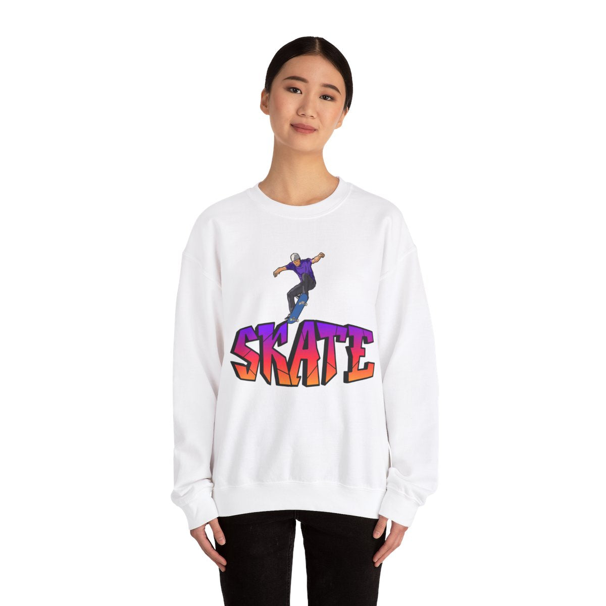 Woman wearing Graffiti Skate Sweatshirt with bold skate jump graphic