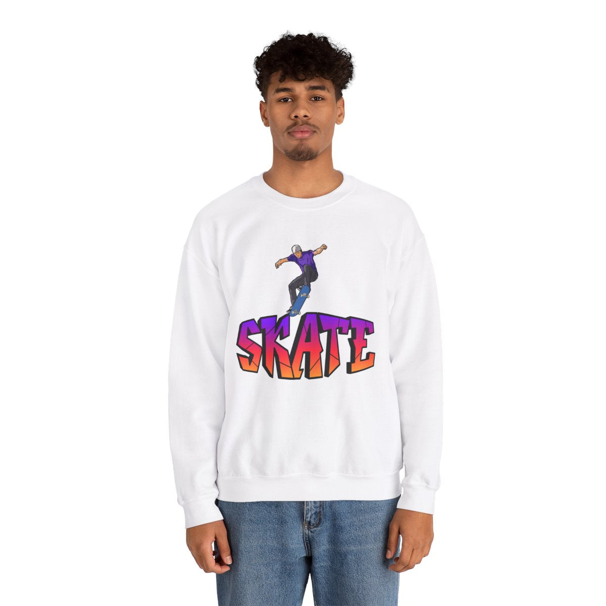 Man wearing Graffiti Skate Sweatshirt, casual streetwear look