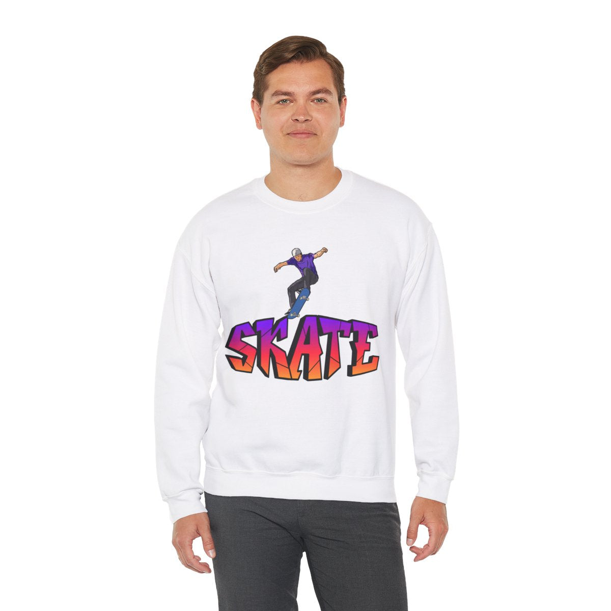 Second model wearing Graffiti Skate Sweatshirt, skater-style outfit