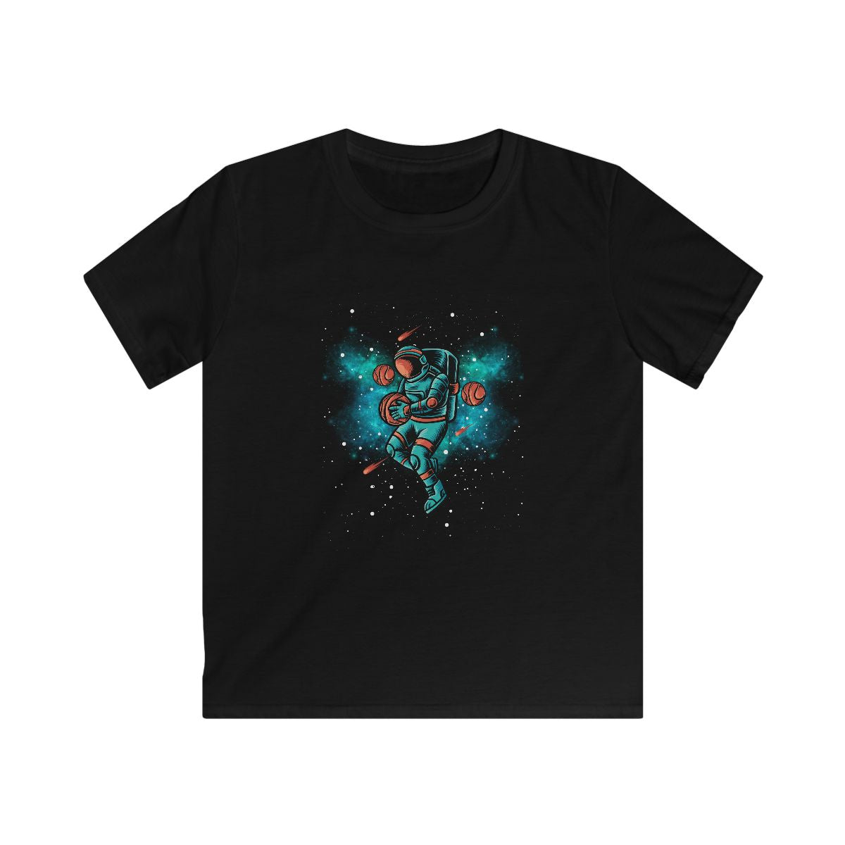 Astronaut basketball kids t-shirt front view with space and basketball design