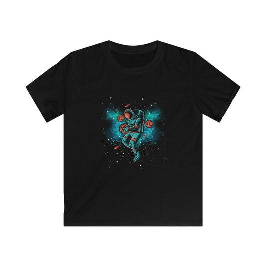 Astronaut basketball kids t-shirt front view with space and basketball design