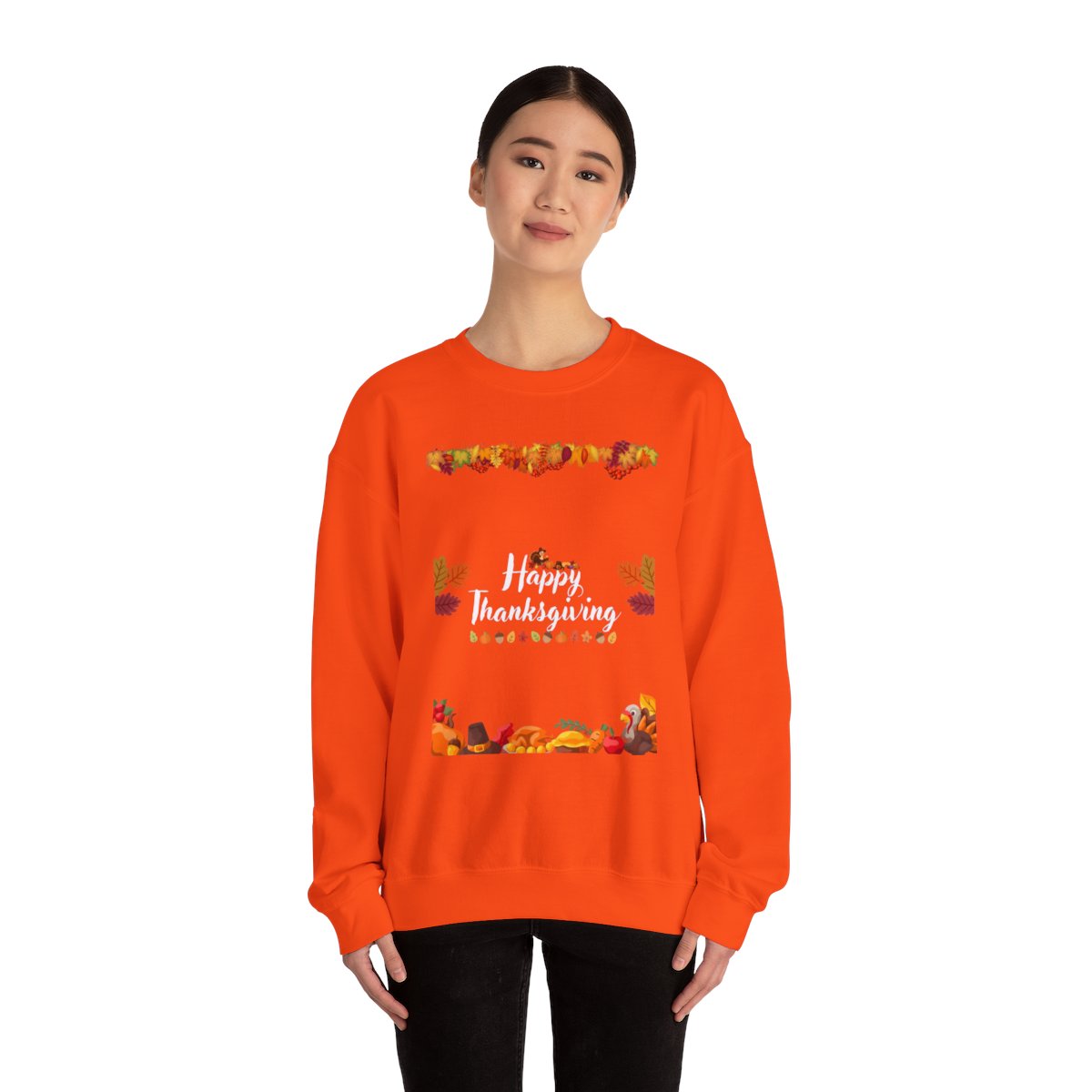 Woman wearing thanksgiving crewneck sweatshirt styled for a fall celebration