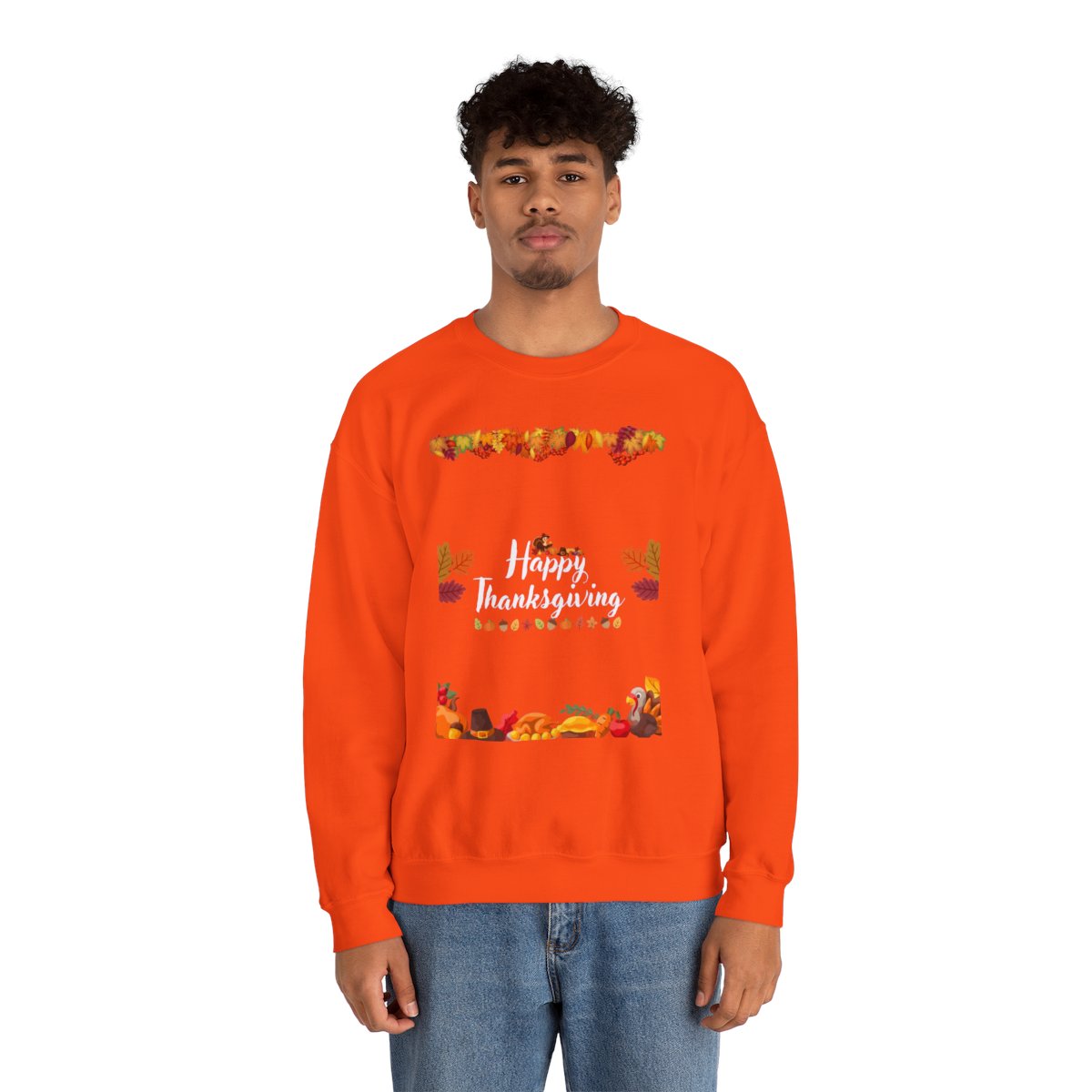 Man wearing thanksgiving crewneck sweatshirt with casual autumn outfit