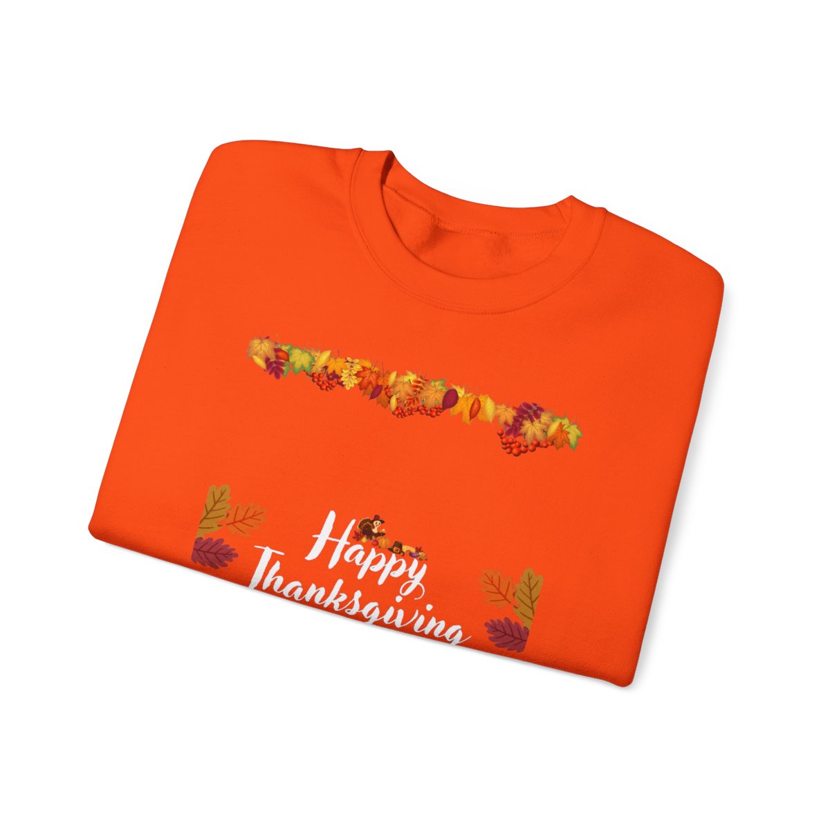 Folded thanksgiving crewneck sweatshirt with seasonal autumn design partially visible