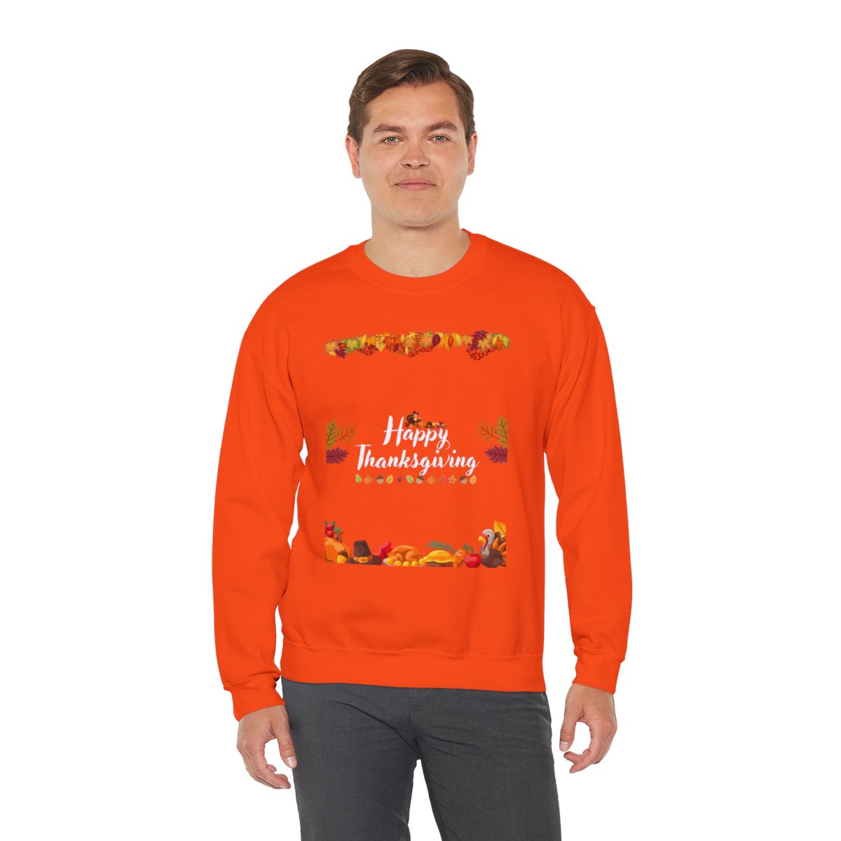 Second male model styled in thanksgiving crewneck sweatshirt during holiday gathering