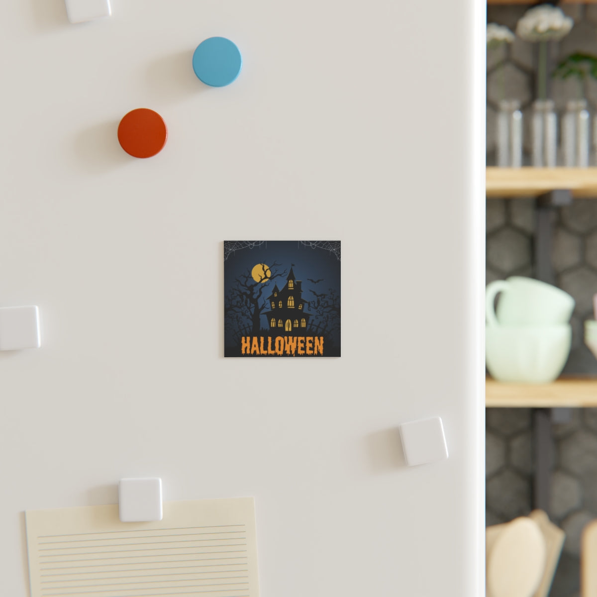 Halloween Haunted House Magnet on a whiteboard – square spooky decor sticker