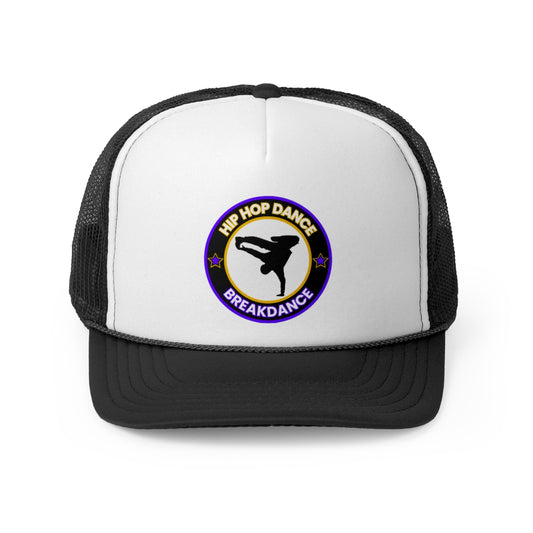 Front view of hip hop dance trucker cap showing structured crown and mesh back