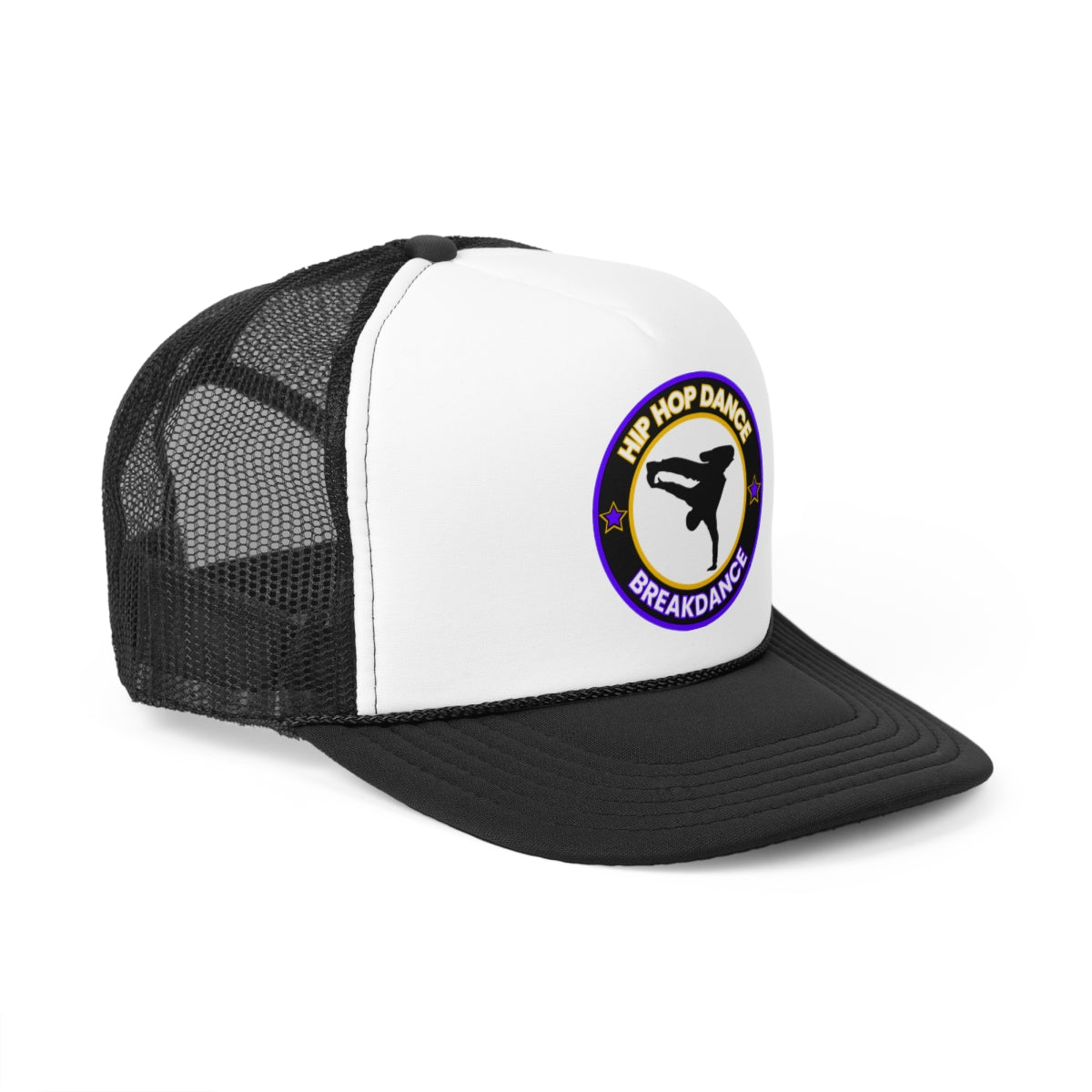 Side profile of hip hop dance trucker cap with curved bill and breathable mesh