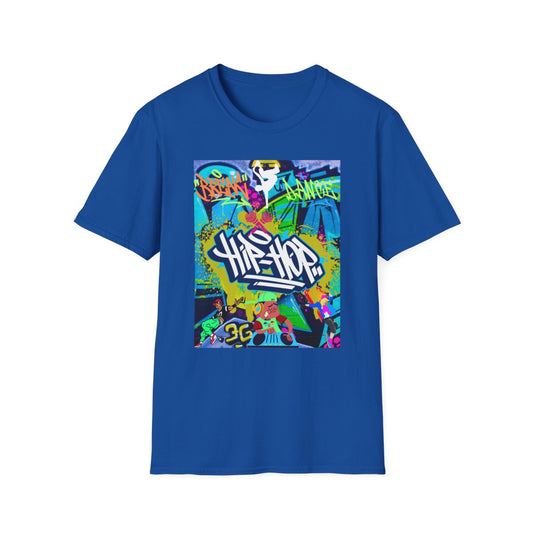 Front view of urban hip hop graffiti t-shirt in royal blue