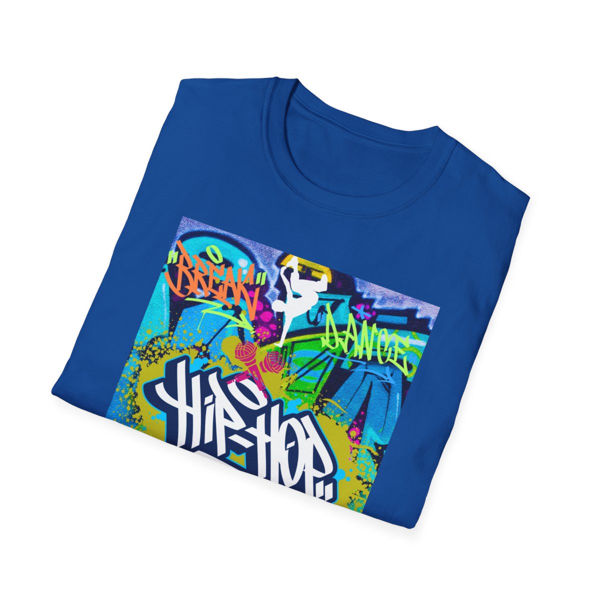 Folded urban hip hop graffiti t-shirt in royal blue showing front print