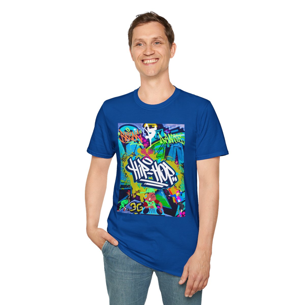 Man wearing urban hip hop graffiti t-shirt in royal blue streetwear style
