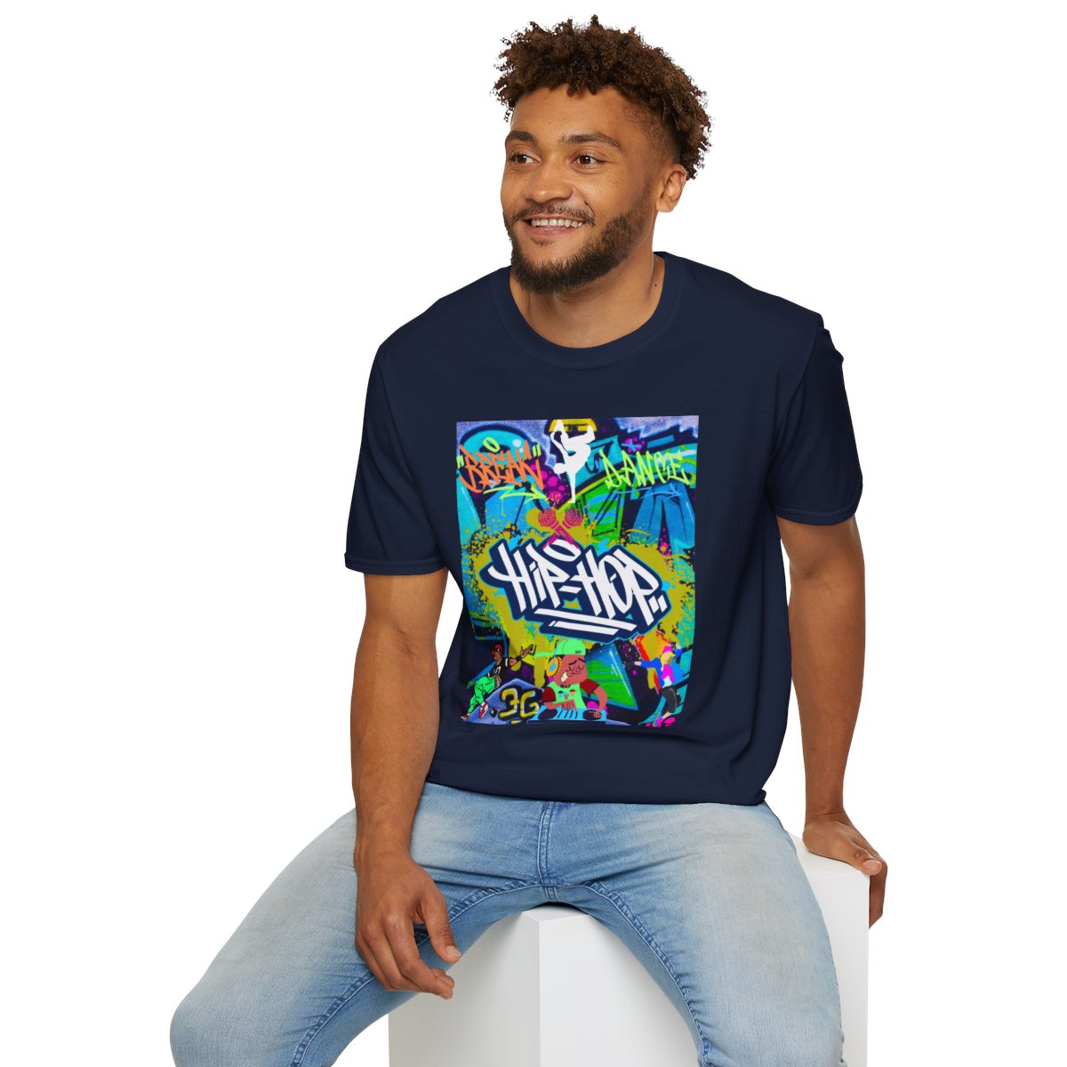 Sitting  Man sitting while wearing urban hip hop graffiti t-shirt in navy blue
