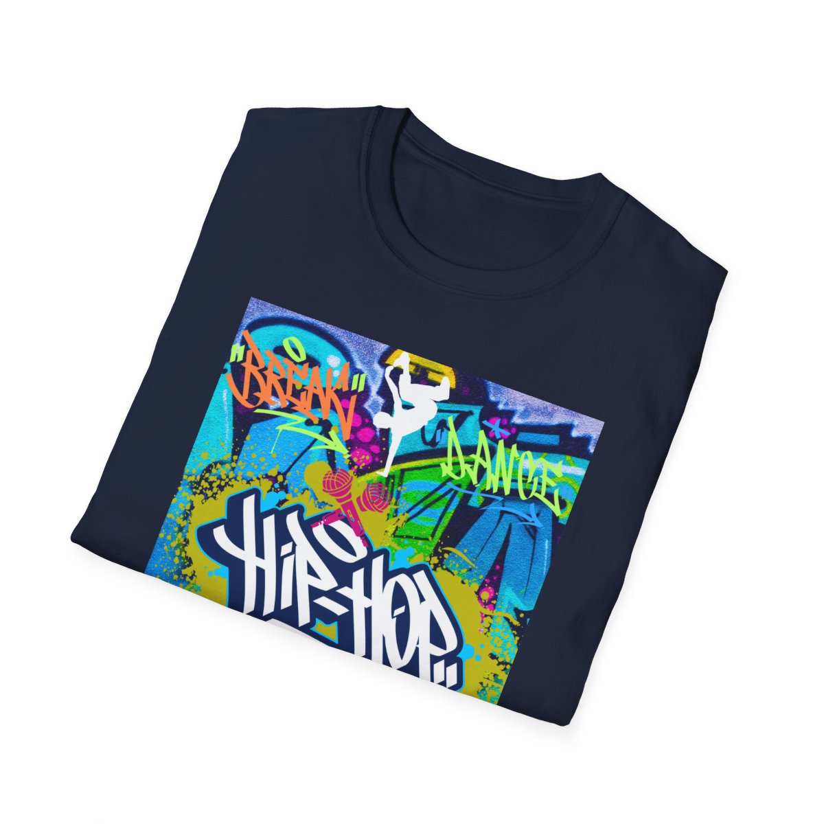 Folded urban hip hop graffiti t-shirt in navy blue featuring front artwork