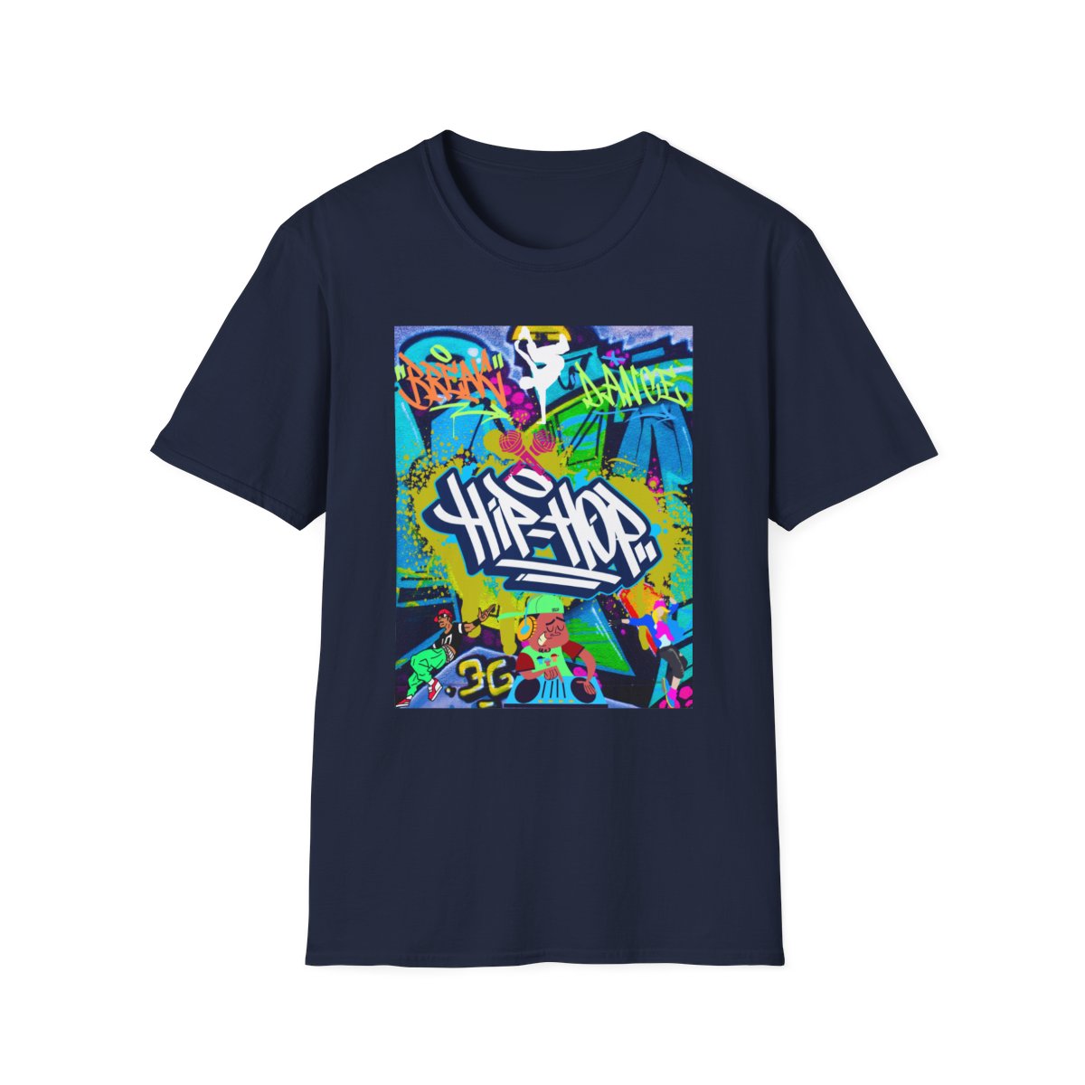 Front view of urban hip hop graffiti t-shirt in navy blue