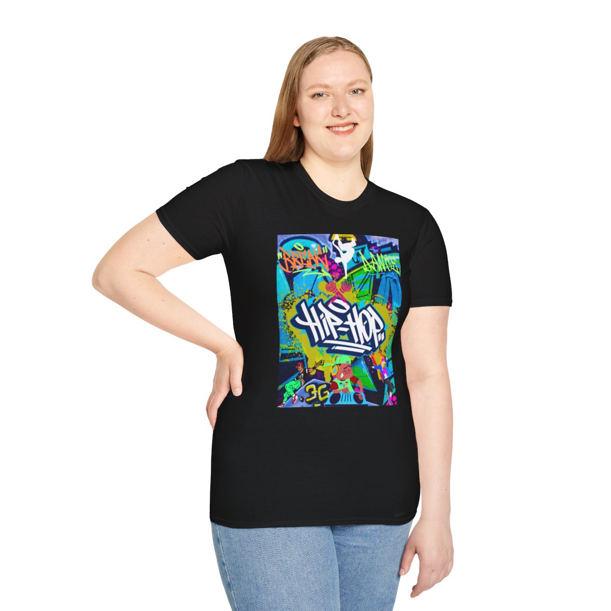 Woman wearing urban hip hop graffiti t-shirt in black with bold design