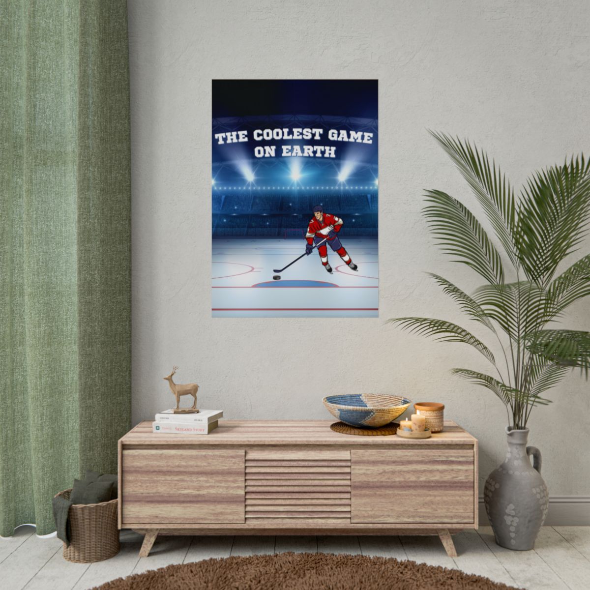 Hockey Player Poster displayed on wall in a game room