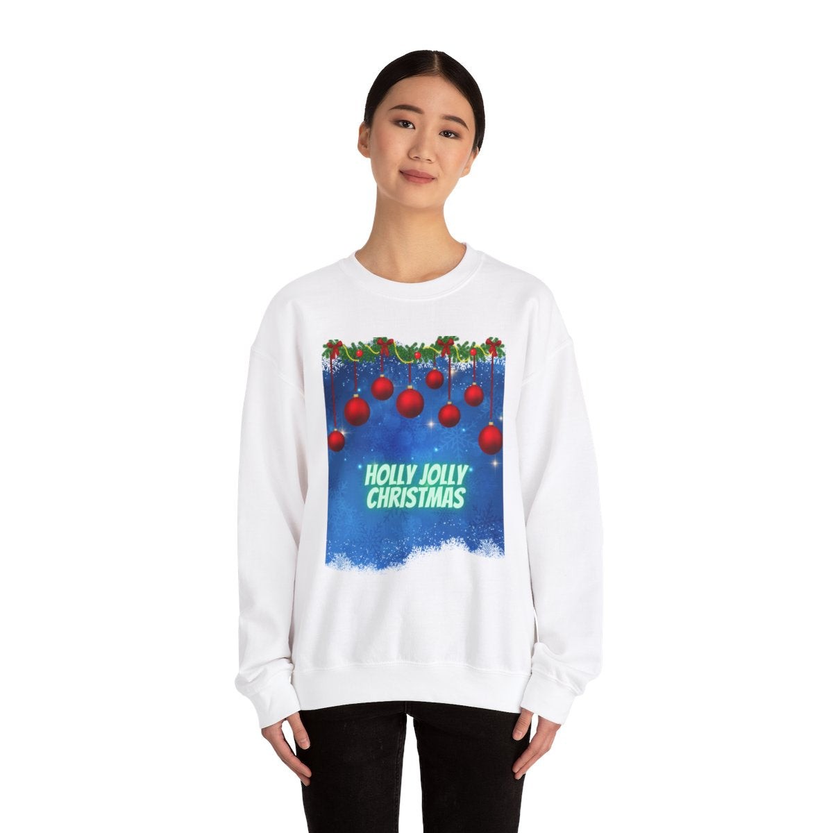 Woman wearing White Christmas Winter Sweatshirt styled for cozy holiday look