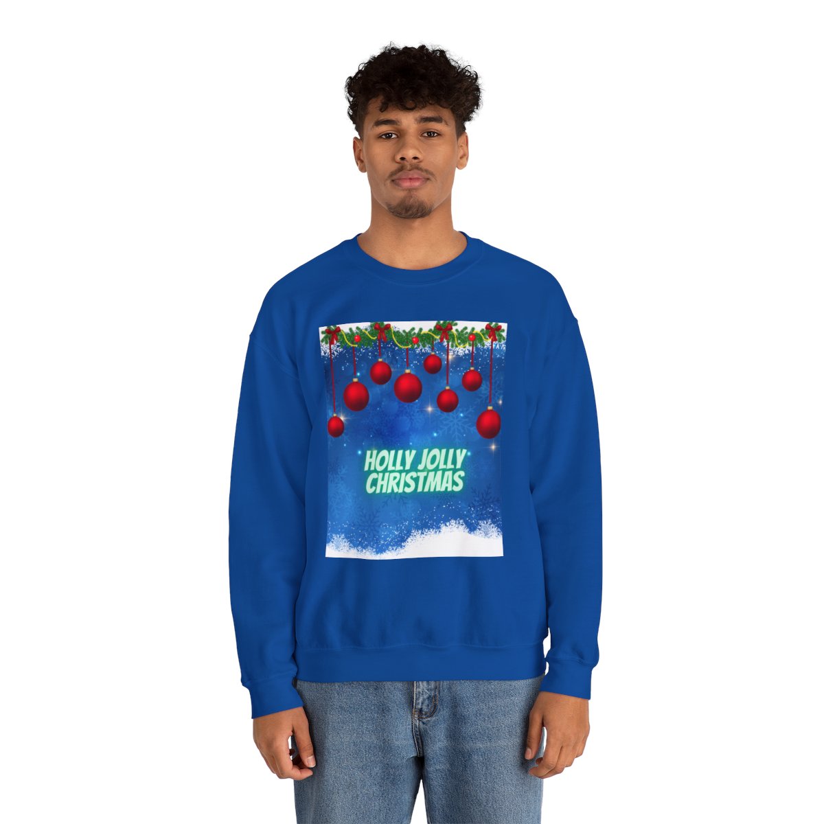 Man wearing Royal Blue Christmas Winter Sweatshirt perfect for holiday vibes