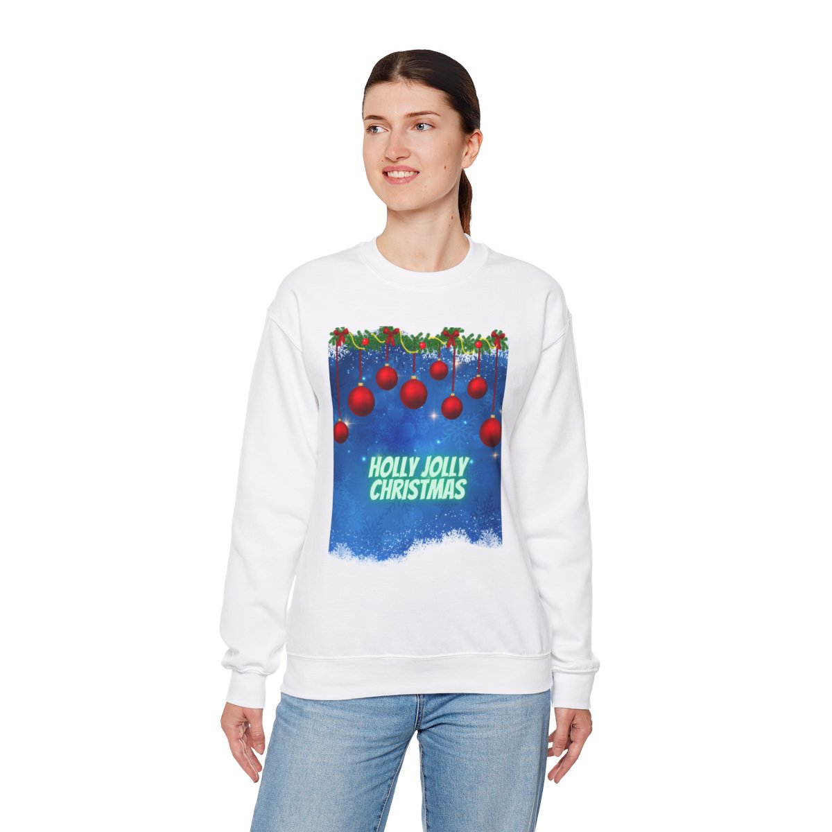Woman in White Christmas Winter Sweatshirt shown in casual seasonal setting