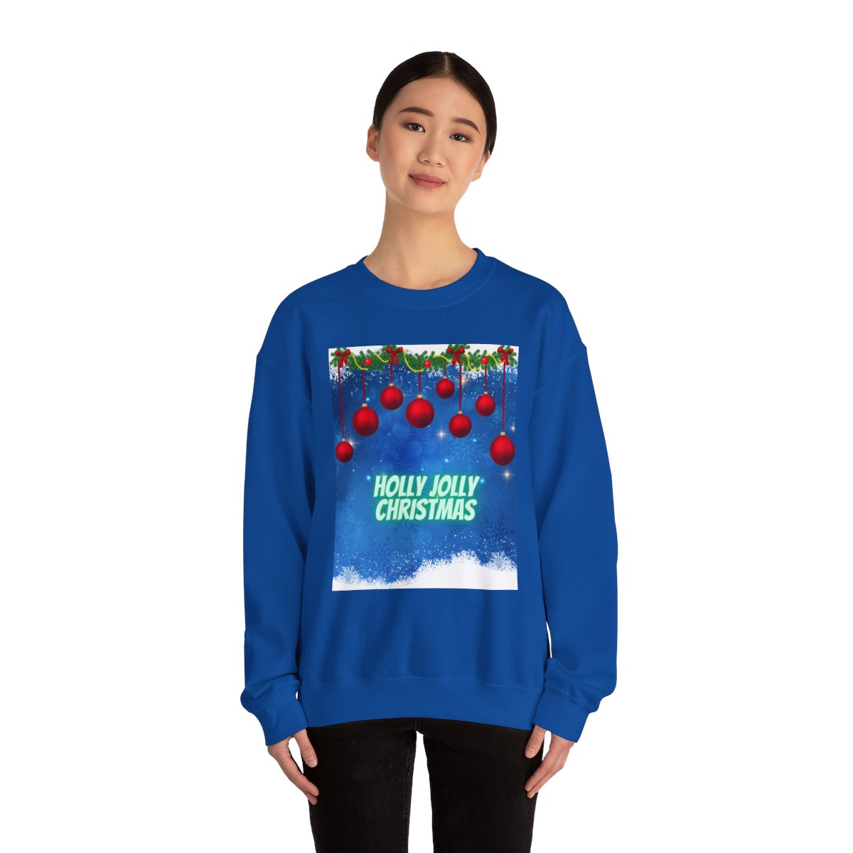 Woman wearing Royal Blue Christmas Winter Sweatshirt in festive winter outfit